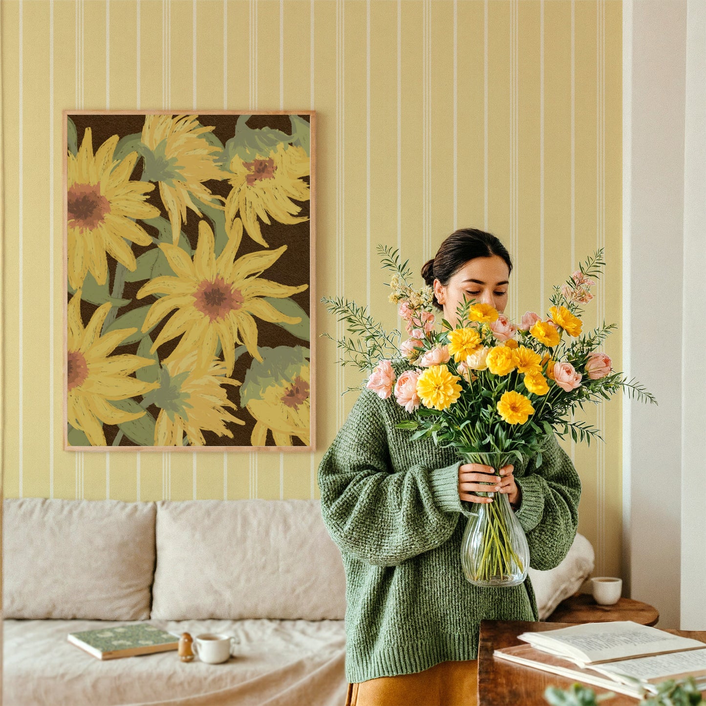 yellow stripe wallpaper for living room