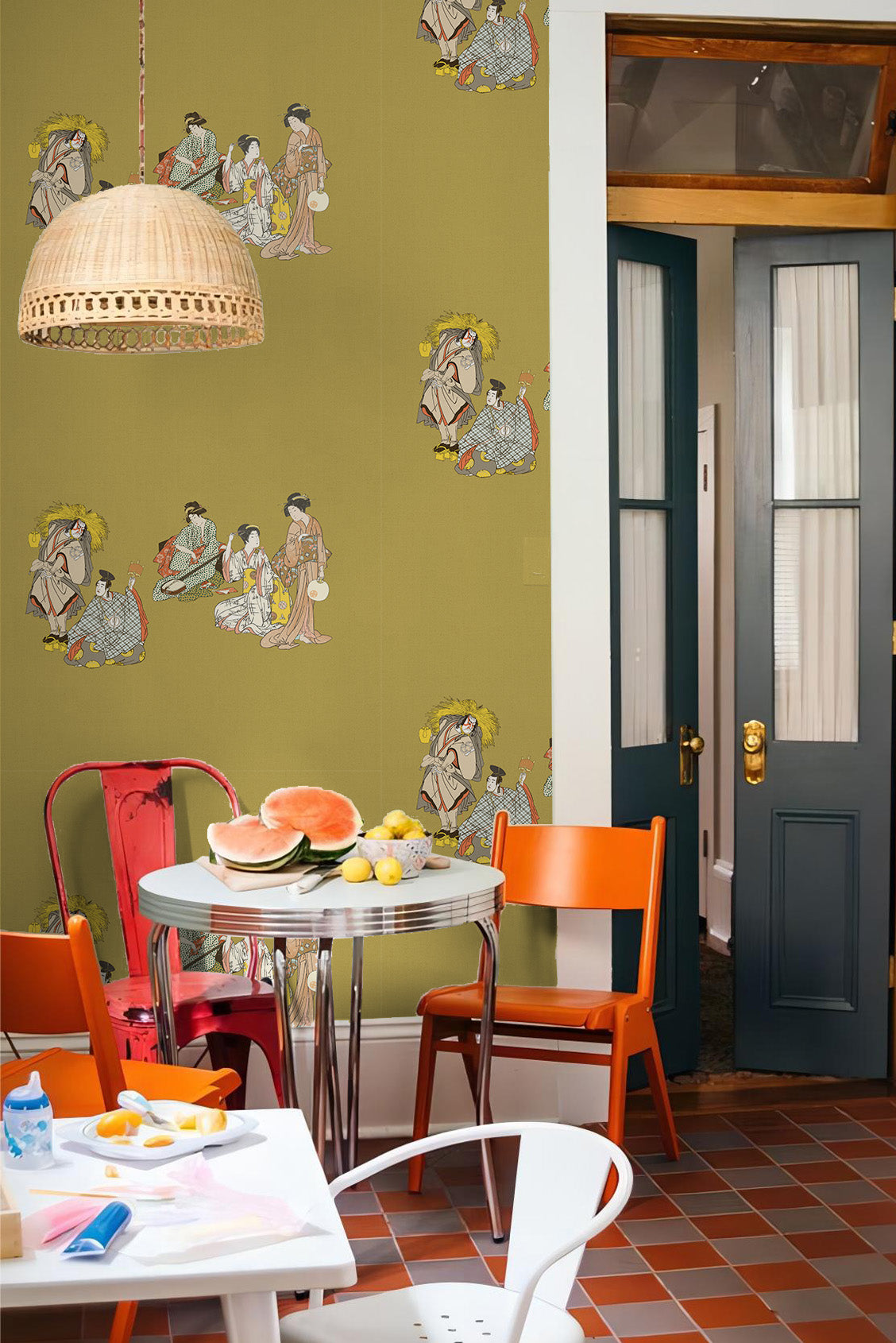 eclectic chilling Kabuki vintage peel and stick wallpaper in the dinning room