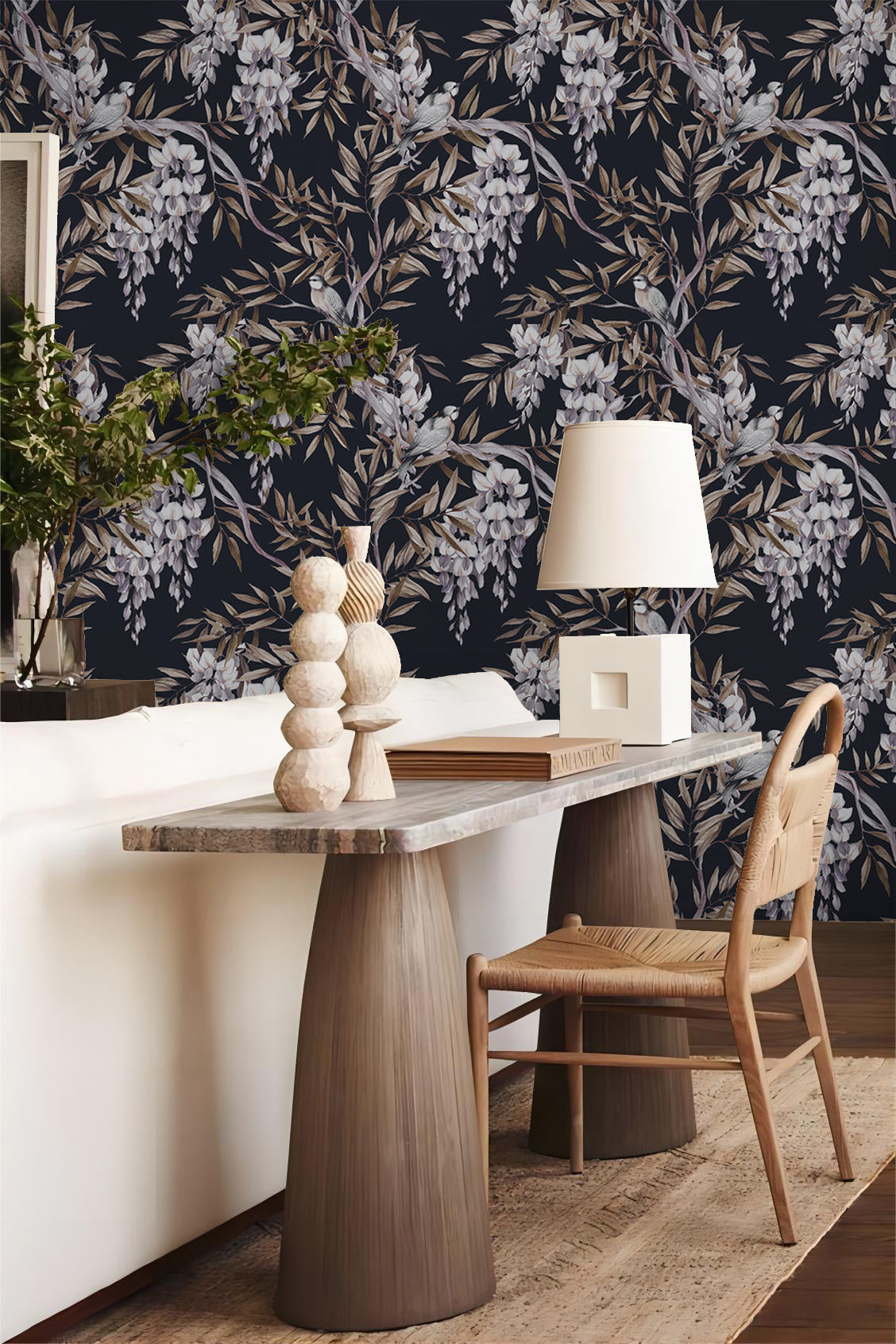 Parisian Apartment Inspired Dark Moody Removable Wallpaper against a reading table | Canada