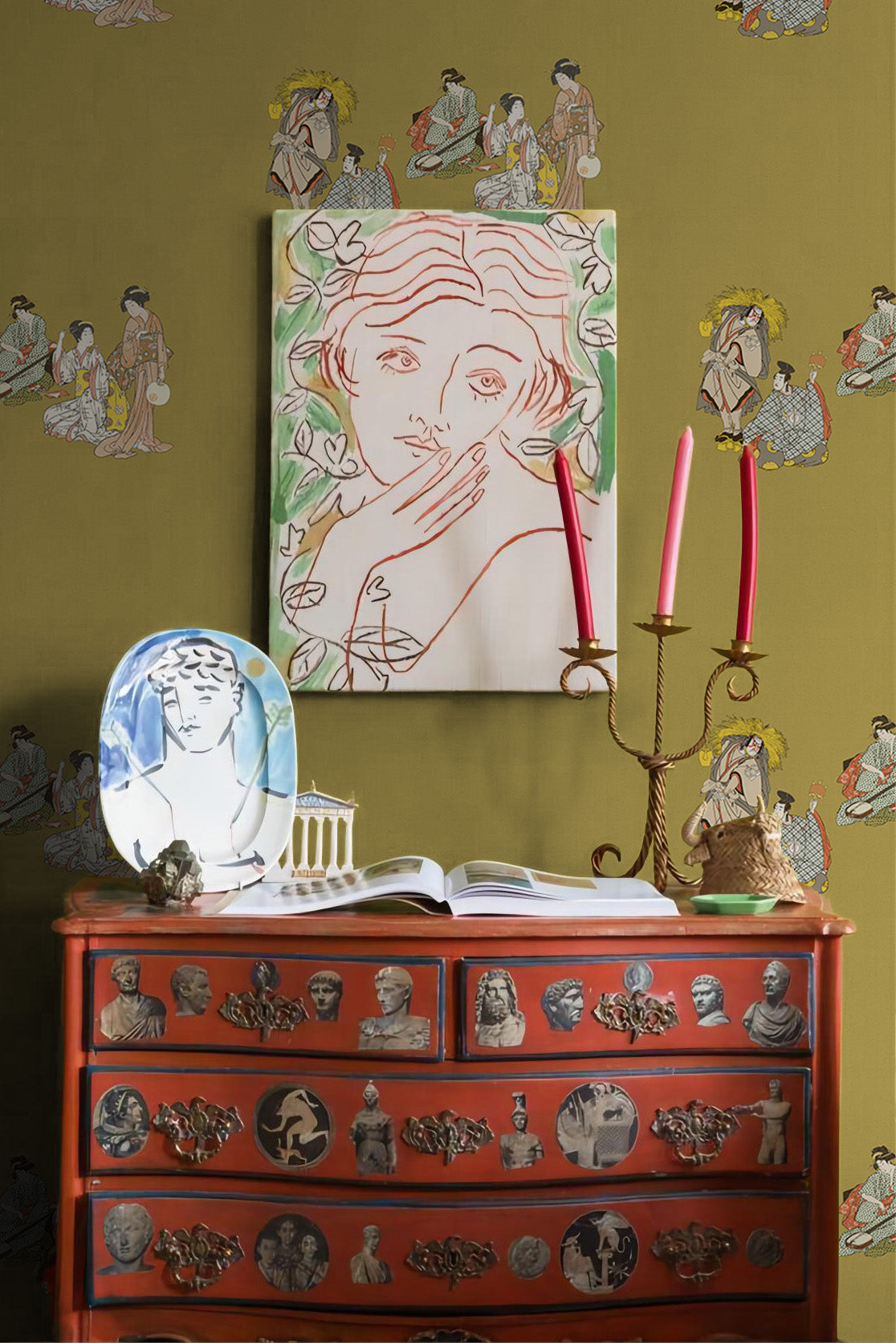 eclectic chilling Kabuki vintage peel and stick wallpaper with a wall art