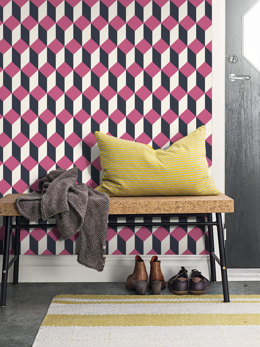 Modern Eclectic Geometric Removable Wallpaper Navy and Pink | Canada