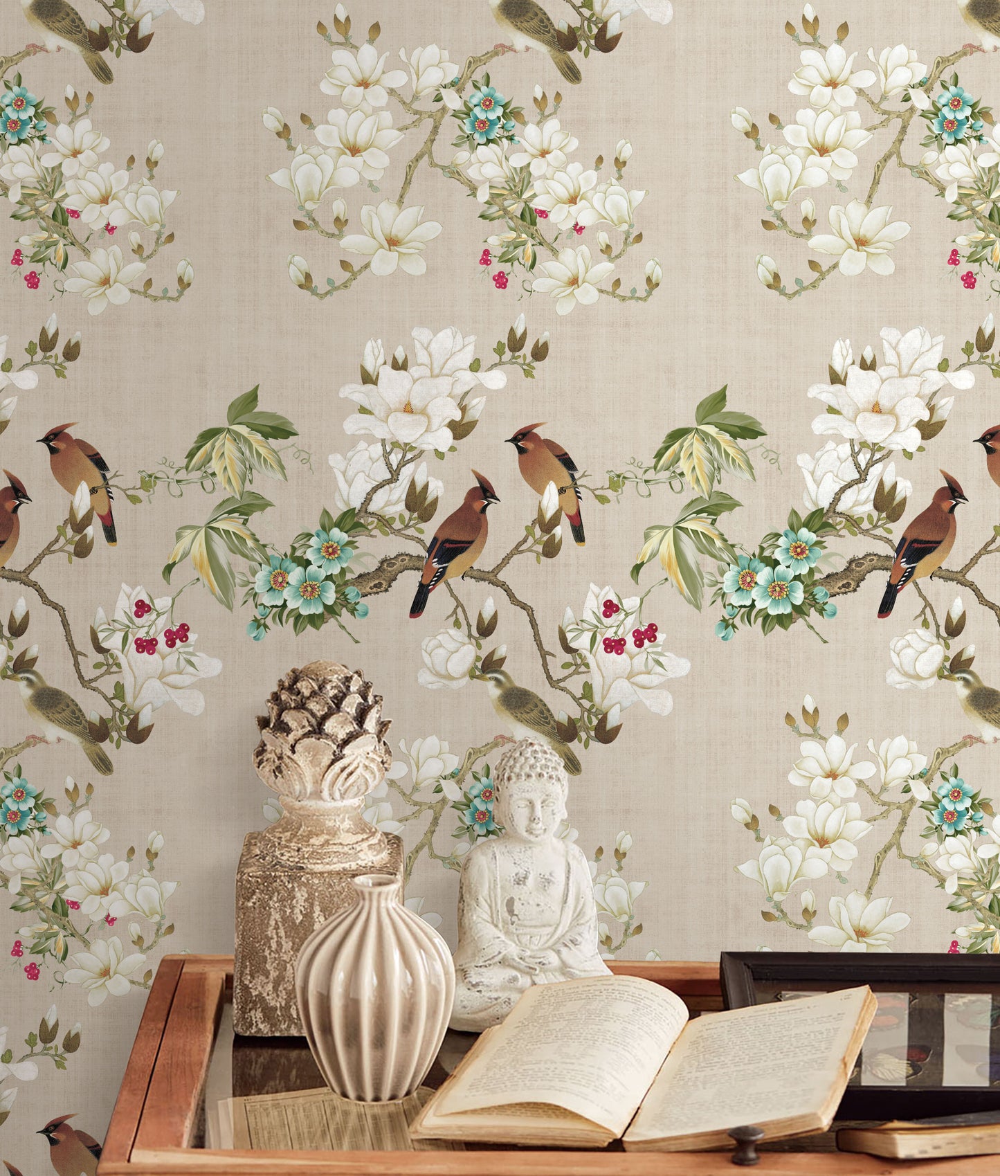 White Flower and Birds Chinoiserie Peel and Stick Wallpaper | Canada 