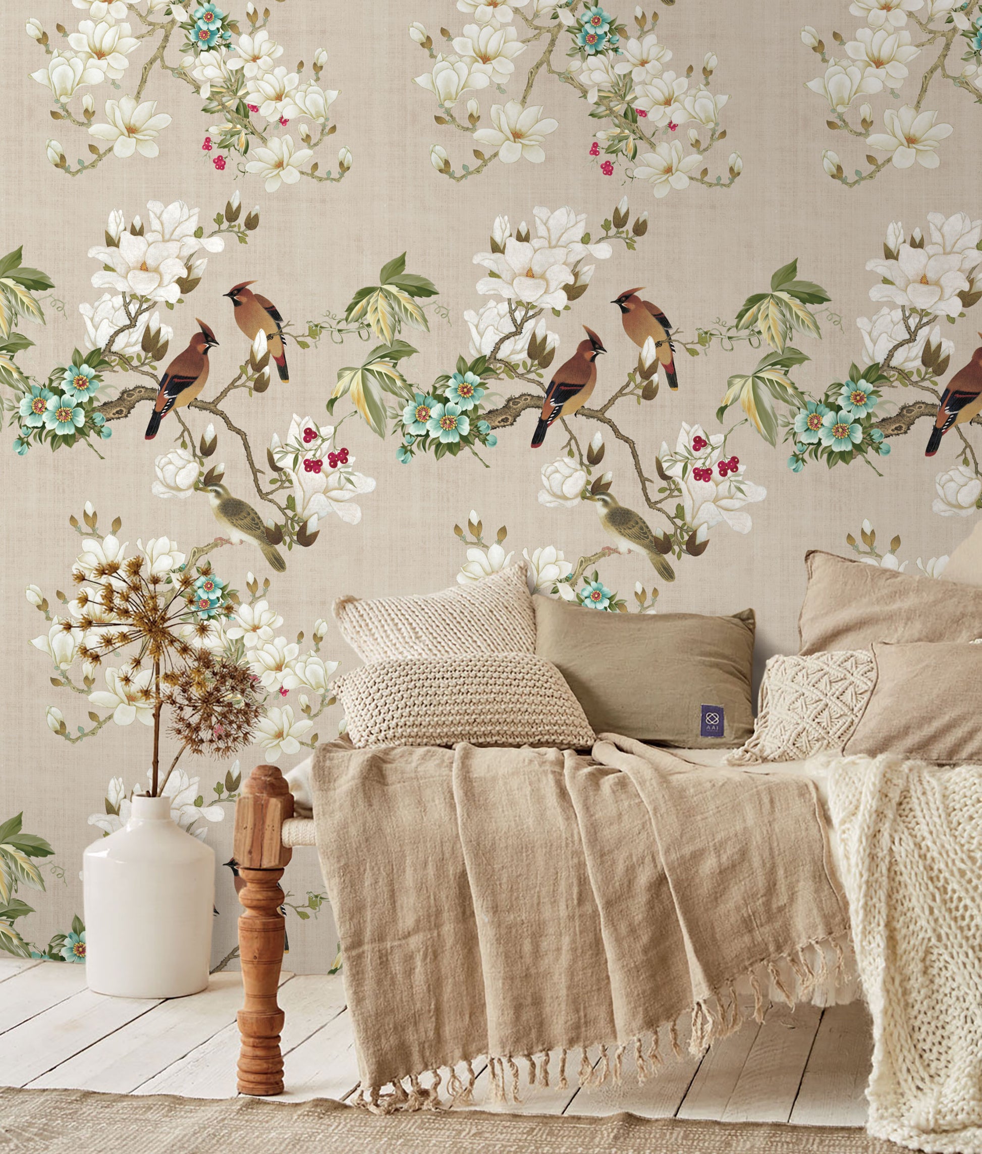 White Flower and Birds Chinoiserie Peel and Stick Wallpaper | Canada 