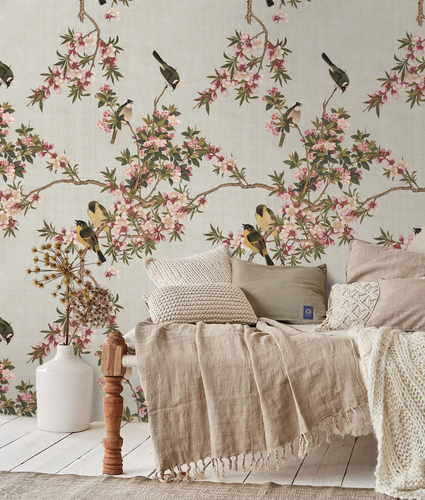 Pink & White Flower with Birds Chinoiserie Wallpaper in US |RollsRolla
