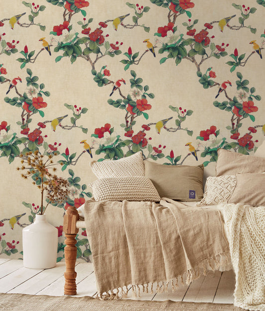 Red Flowers with Birds Chinoiserie Removable Wallpaper | Canada 
