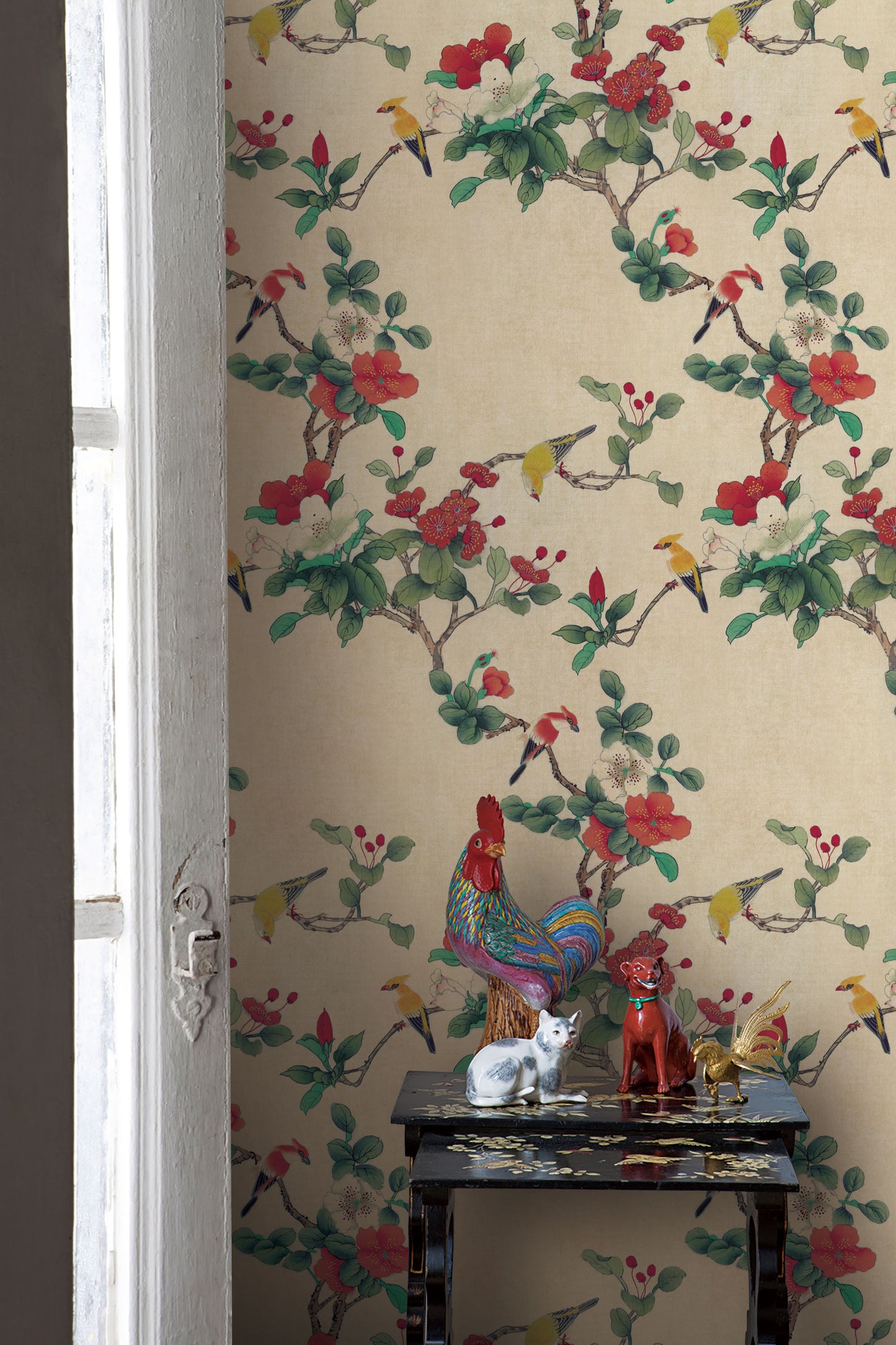 Red Flowers with Birds Chinoiserie Removable Wallpaper | Canada 