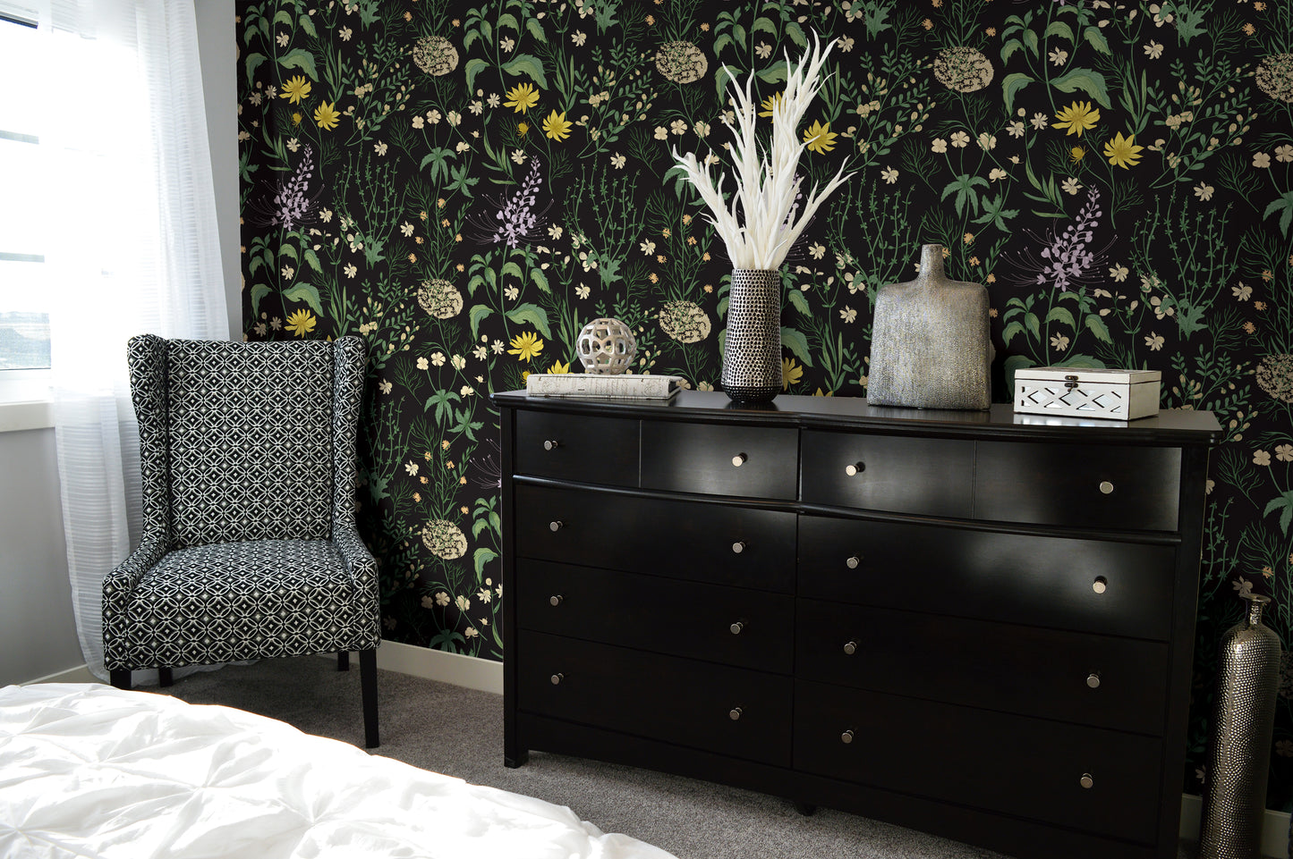 Dark Moody Botanic Ferns Peel & Stick Wallpaper against the bedroom shelf in Canada | RollsRolla