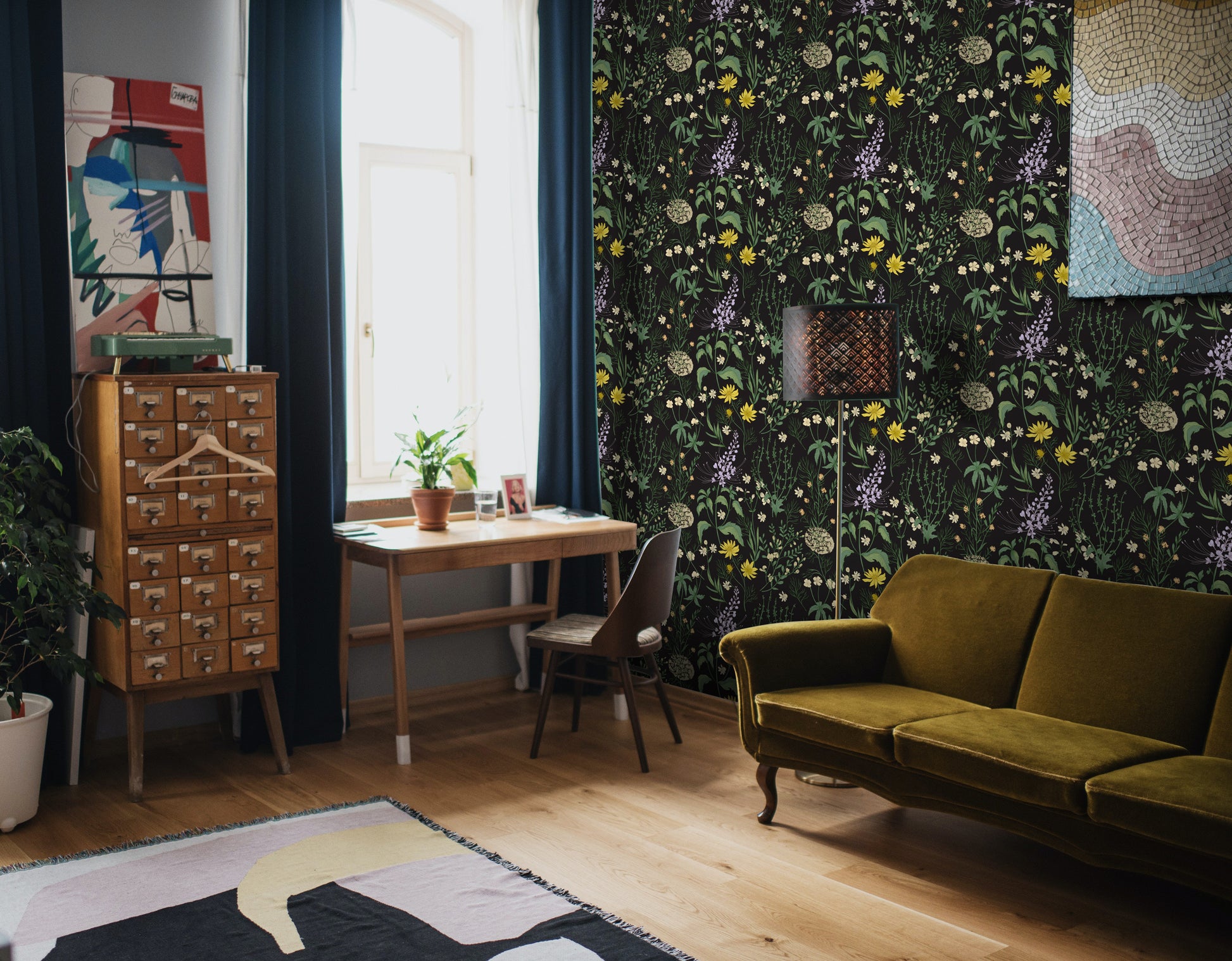 Dark Moody Botanic Ferns Peel & Stick Wallpaper in the sitting room in Canada | RollsRolla