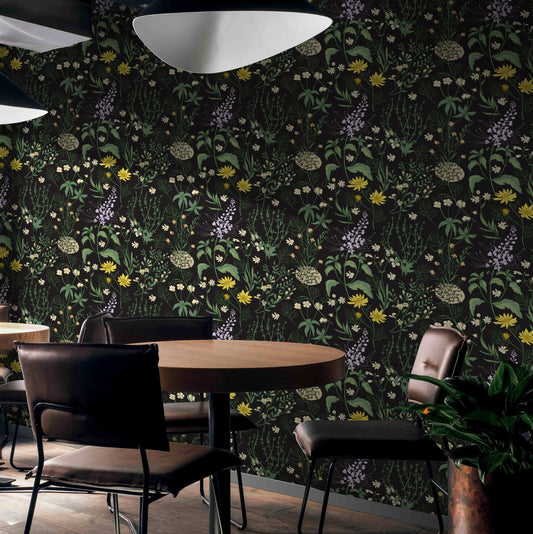 Dark Moody Botanic Ferns Peel & Stick Wallpaper in the dinning | RollsRolla