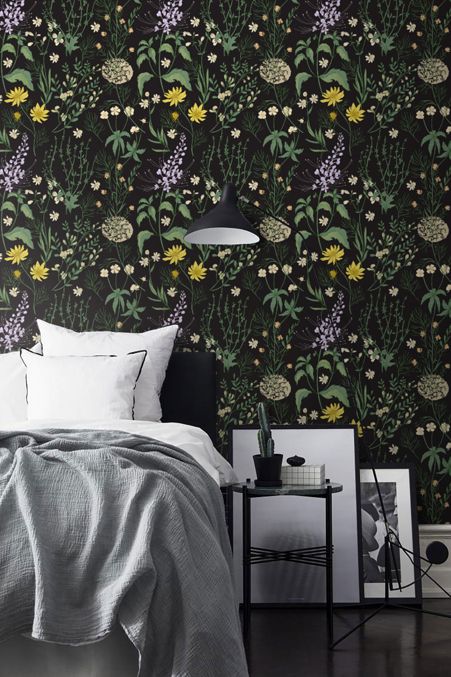 Dark Moody Botanic Ferns Peel & Stick Wallpaper in in the bedroom