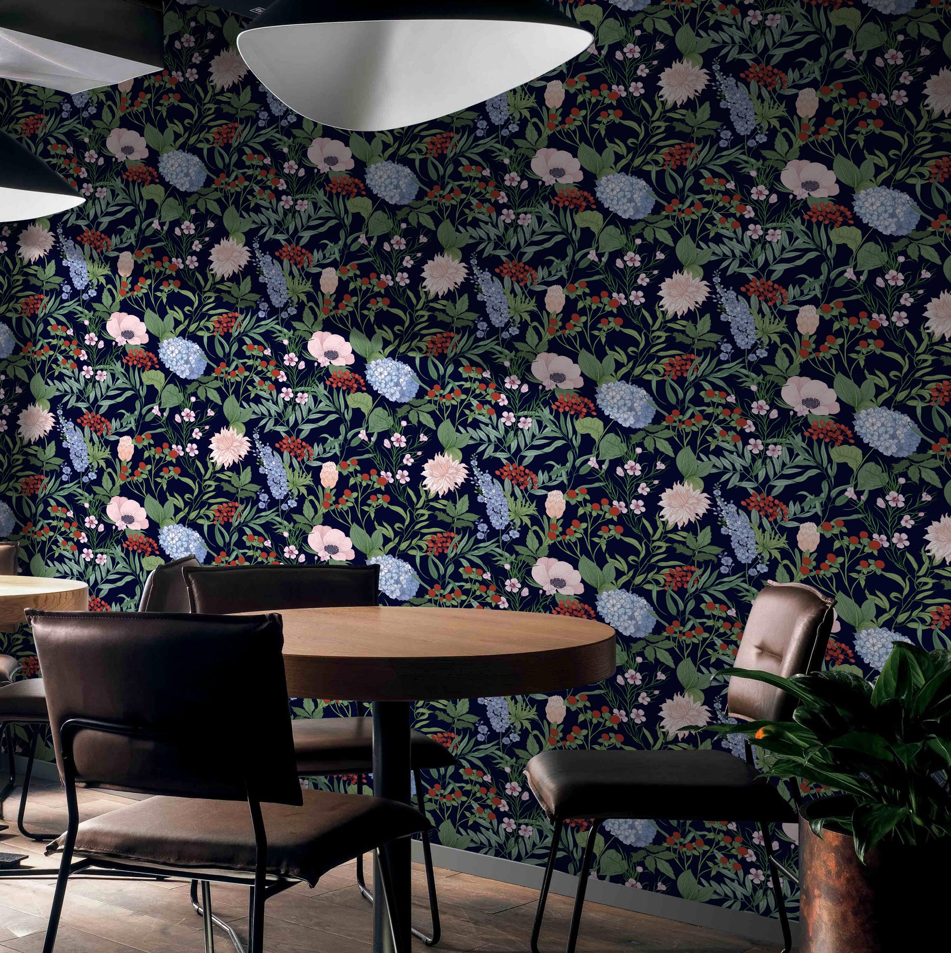 RollsRolla Dark Botanical Flower Removable Wallpaper in the dinning room