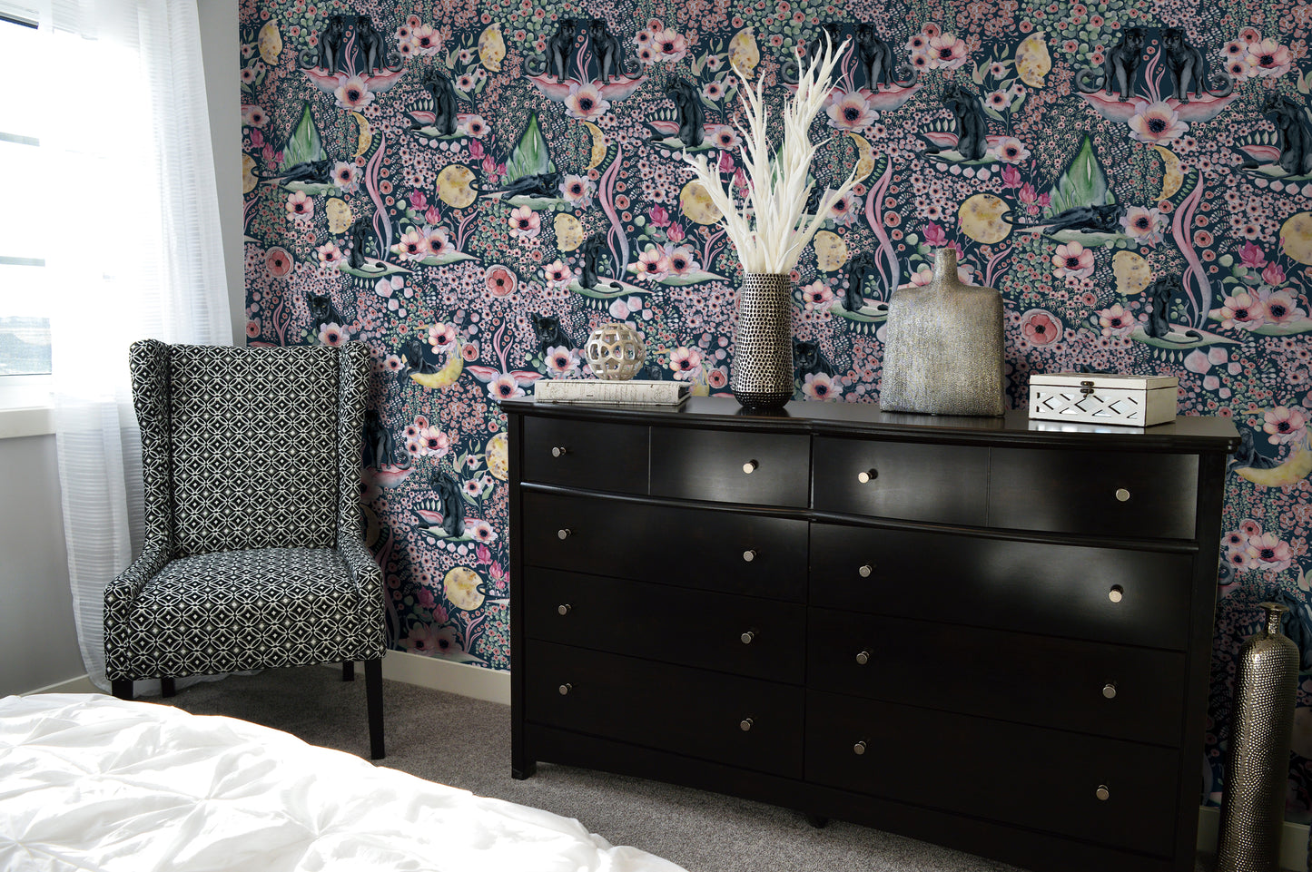 Dark Forest Flowers and Black Leopard Peel & Stick Wallpaper | Canada