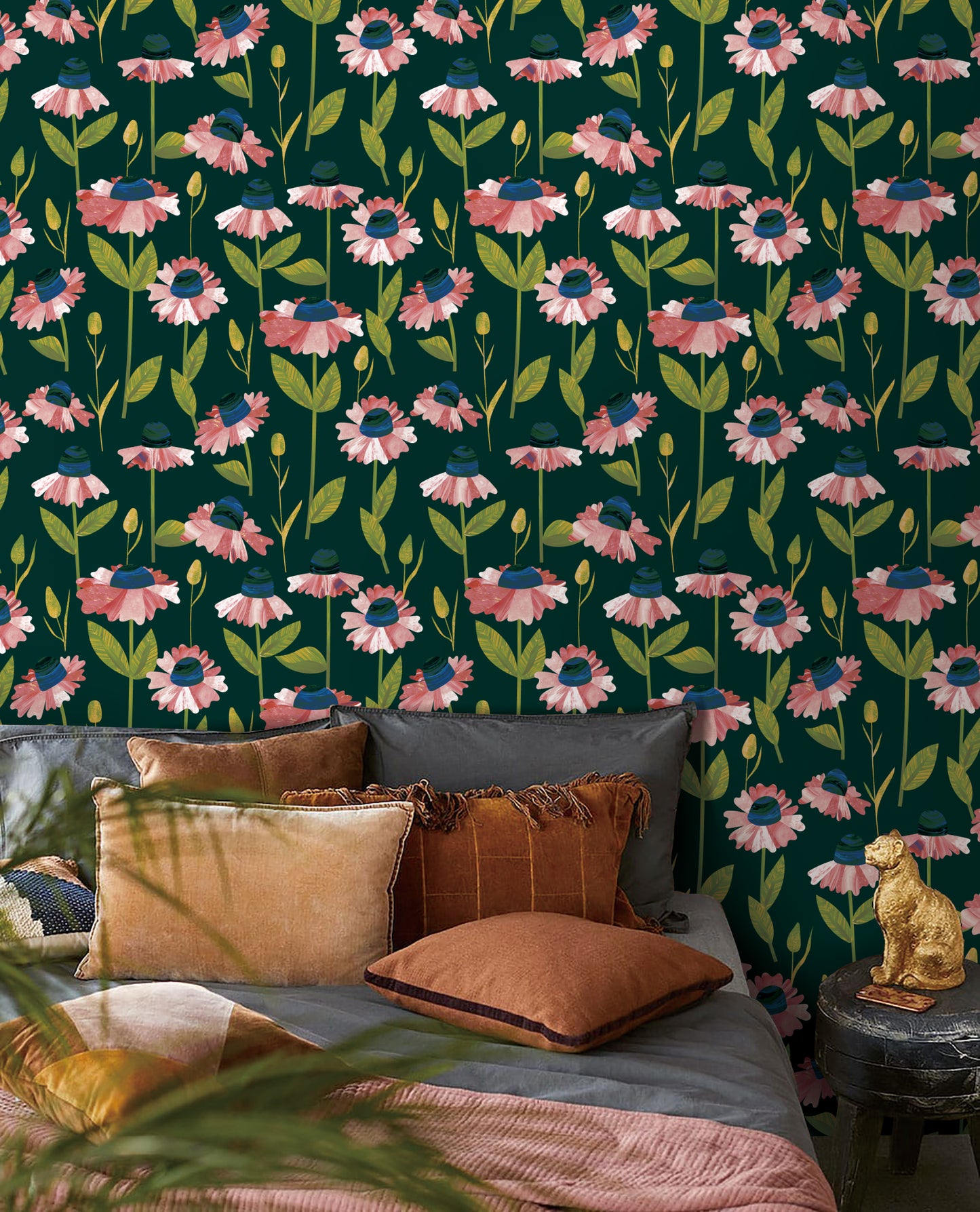 Whimsical Flowers on Velvet Green Peel and Stick Wallpaper | US