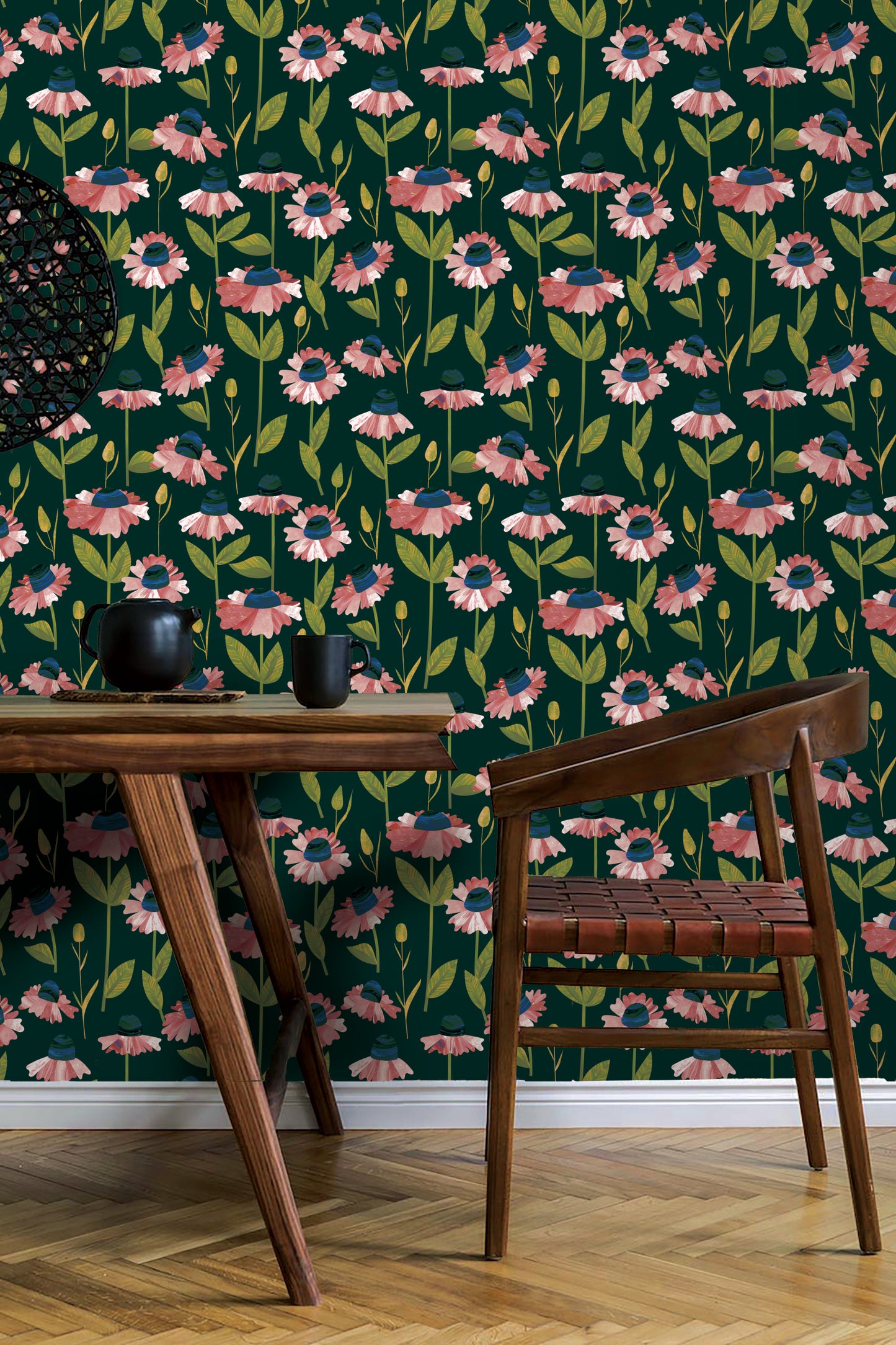 Whimsical Flowers on Velvet Green Peel and Stick Wallpaper | US