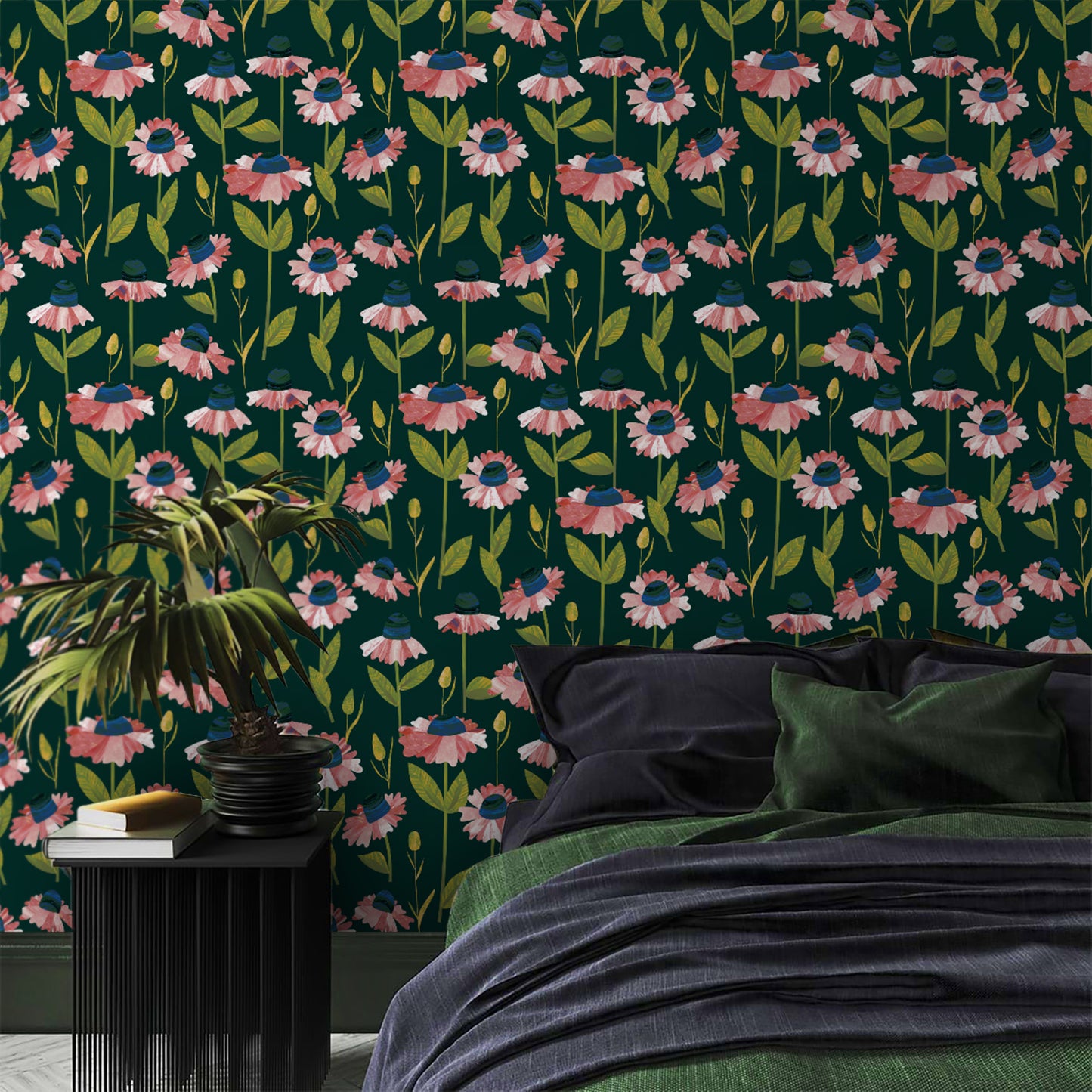 Whimsical Flowers on Velvet Green Peel and Stick Wallpaper | US