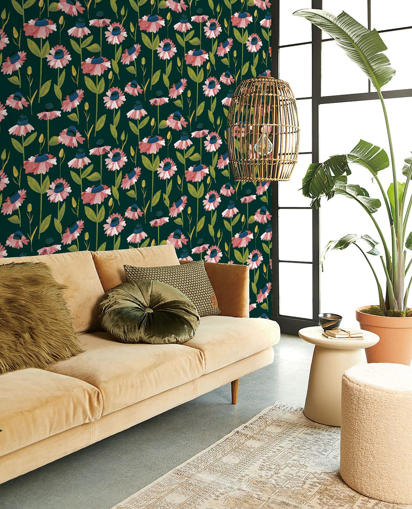 Whimsical Flowers on Velvet Green Peel and Stick Wallpaper | US