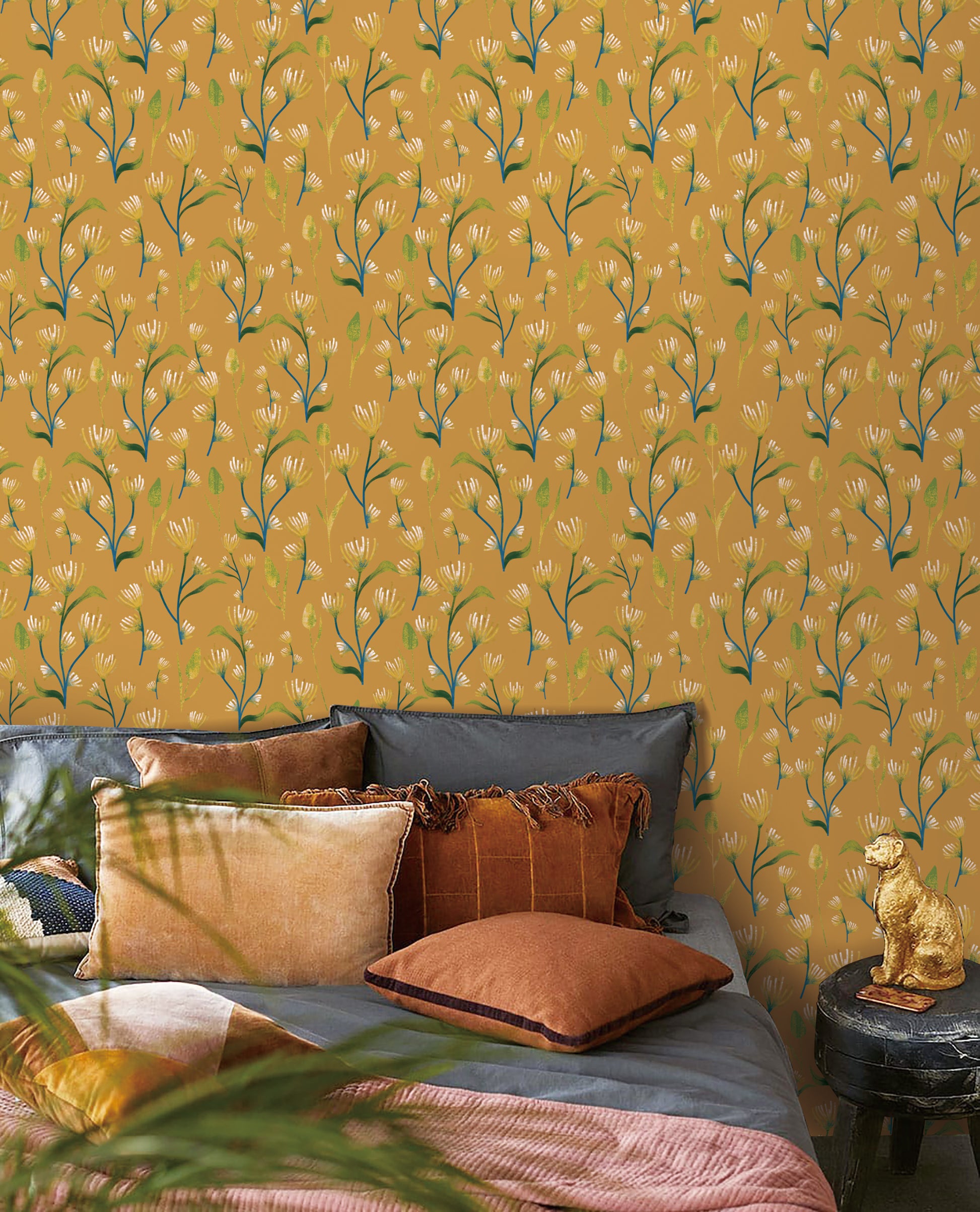 Earthy Yellow Abstract Flower Peel & Stick Wallpaper in a bedroom| RollsRolla