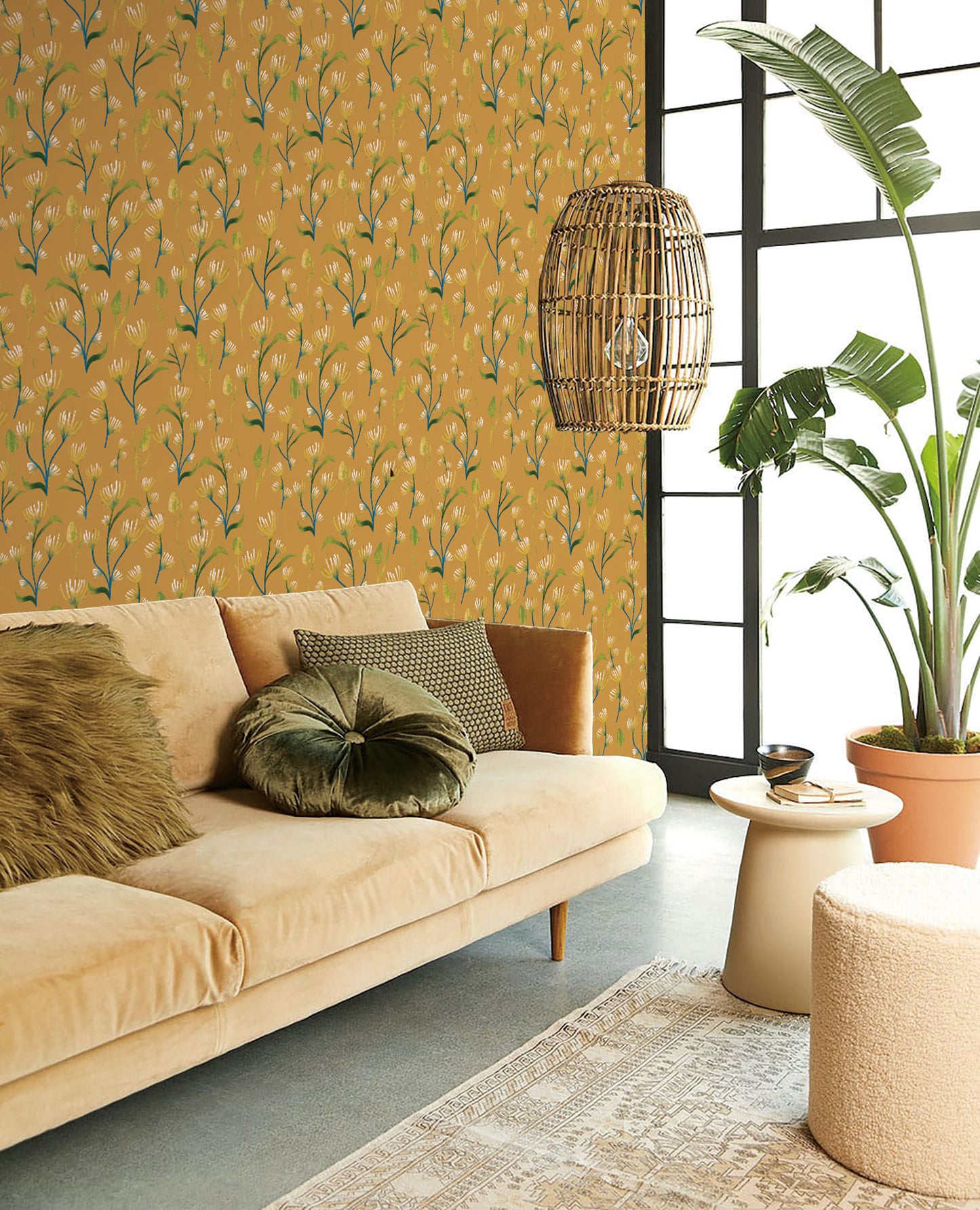 Earthy Yellow Abstract Flower Peel & Stick Wallpaper US | RollsRolla