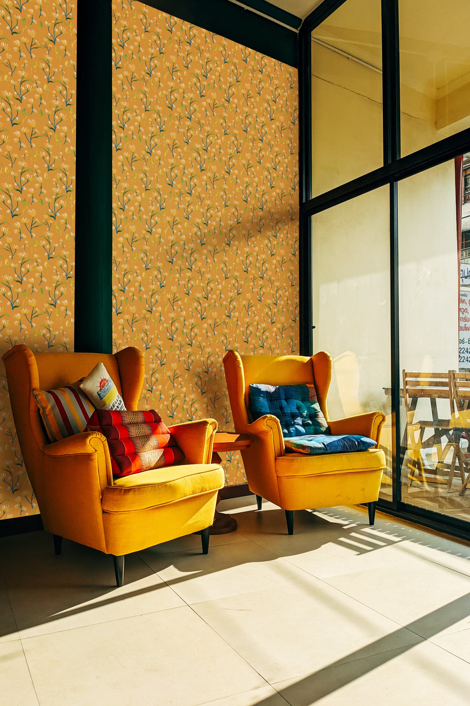 Earthy Yellow Abstract Flower Peel & Stick Wallpaper in a window side sitting room| RollsRolla