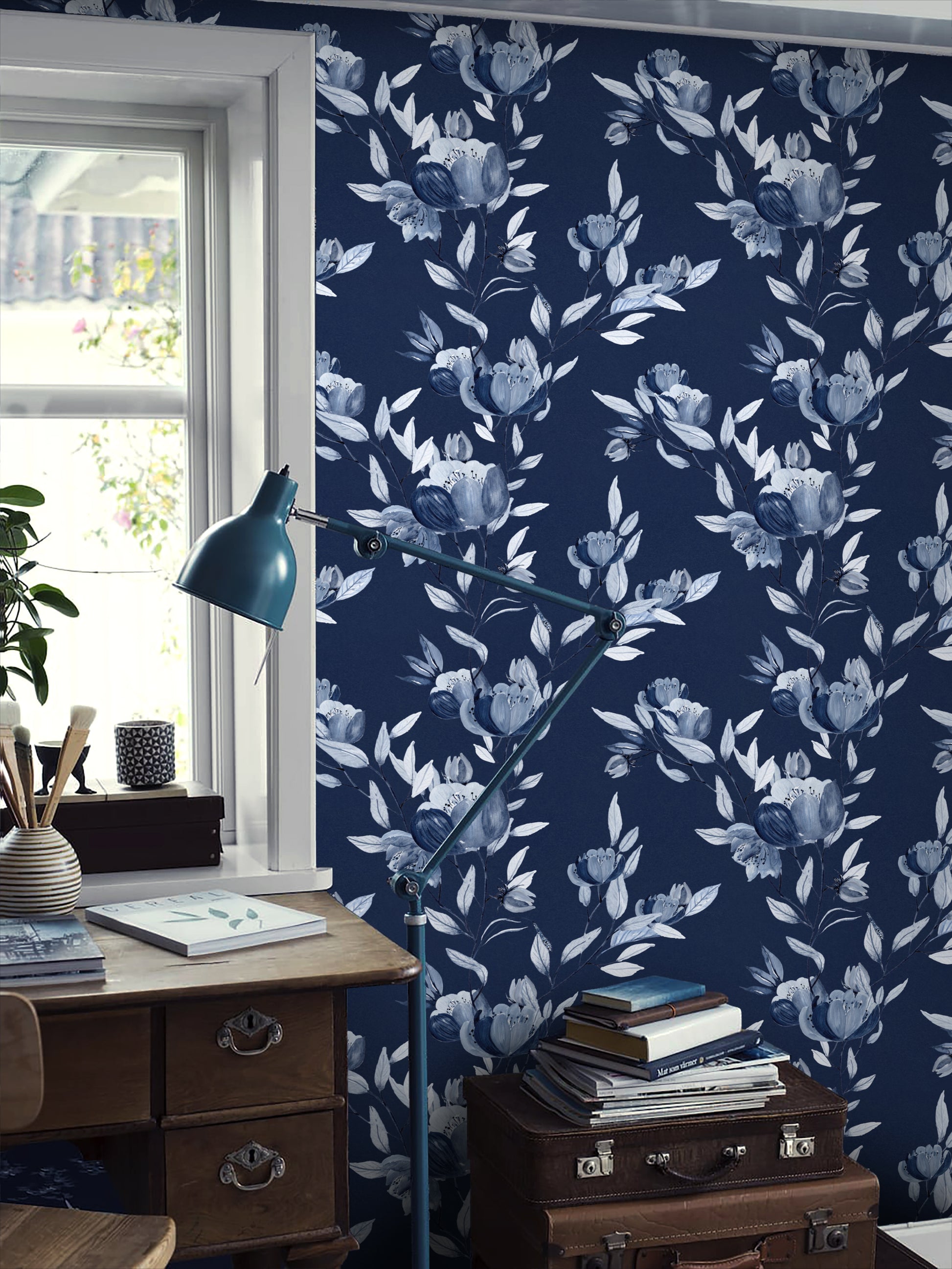 Indigo Blue Floral Peel and Stick Removable Wallpaper | Canada